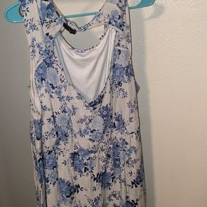 (1) White and blue print open back dress.
